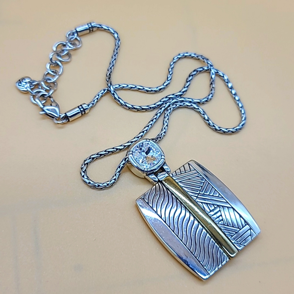 Brighton "ACOMA" Two-Tone Reversible Line Detail Pendant w Swarovski Solitaire!